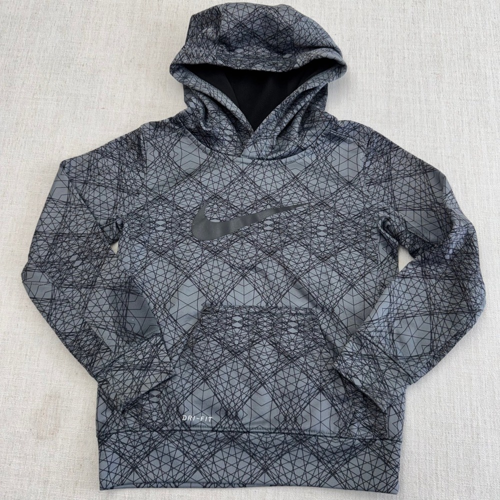 Nike Boys Dri-FIT Hoodie Grey Black Geometric Graphic Print Fleece Size 4 XS‎